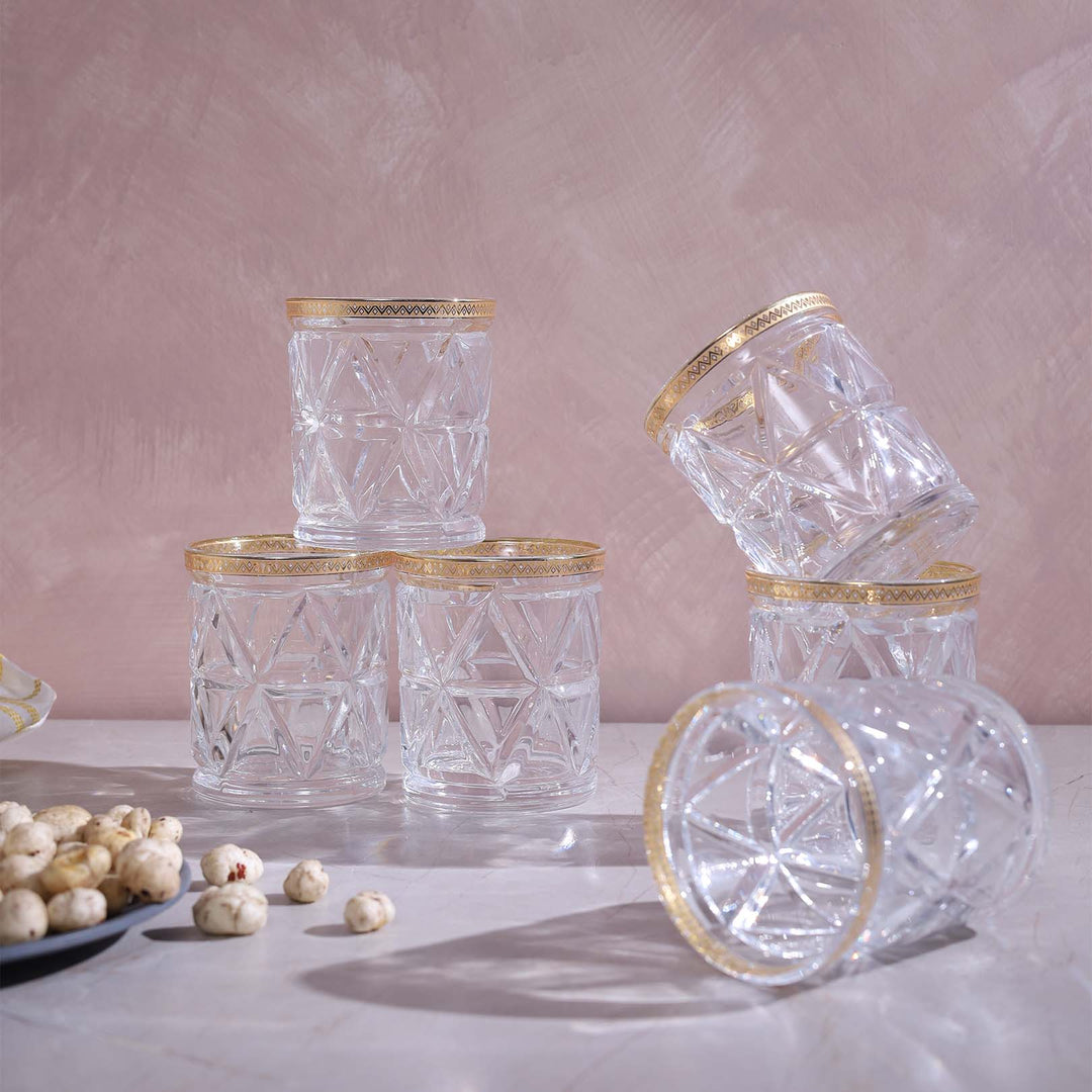 Diamond Cut Glass with Gold Rim Set of 6 Pcs