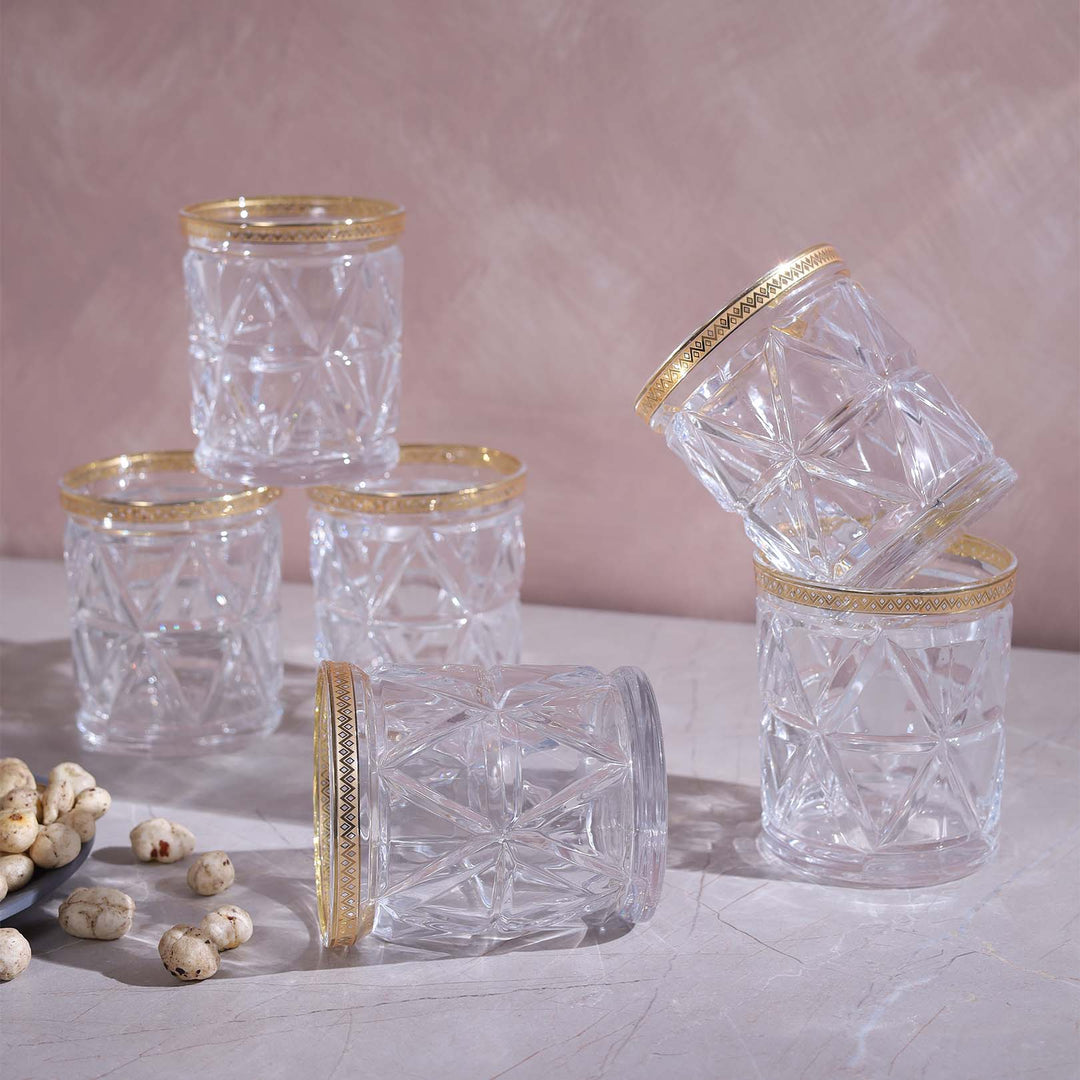 Diamond Cut Glass with Gold Rim Set of 6 Pcs