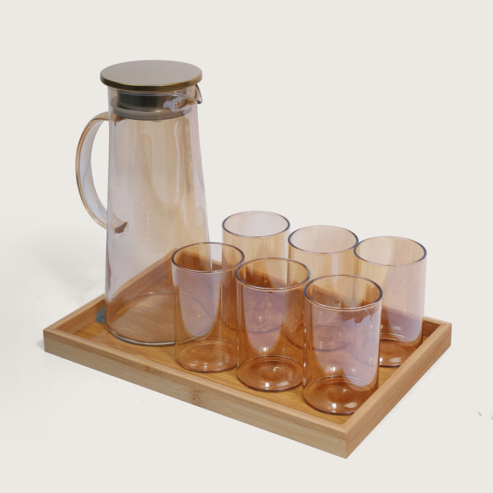 Jug and Glass with tray  Set of 8 Pcs - Golden