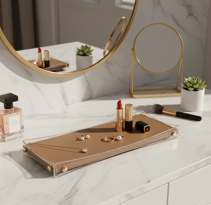 Curved Rectangular Desk Organizer Tray: Brown - Large