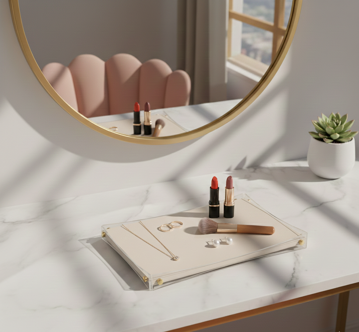 Premium White & Gold Serving Leather Tray - Medium