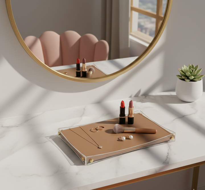 Premium Brown & Gold Serving Leather Tray - Medium