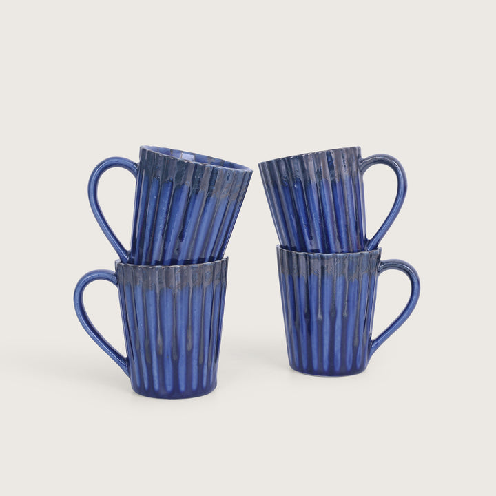 Striped Handcrafted Ceramics Coffee Mug Set of 4 - Blue