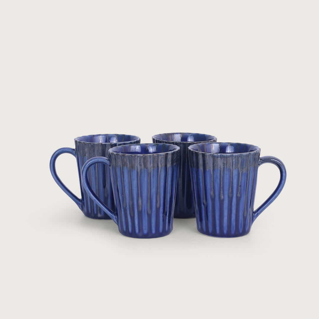 Striped Handcrafted Ceramics Coffee Mug Set of 4 - Blue