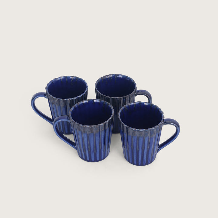 Striped Handcrafted Ceramics Coffee Mug Set of 4 - Blue