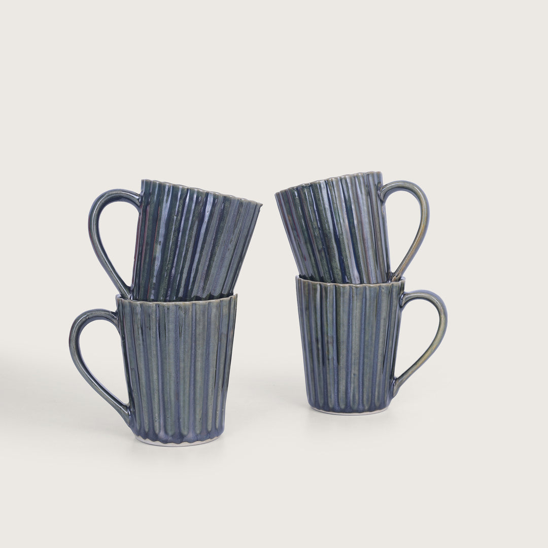 Striped Handcrafted Ceramics Coffee Mug Set of 4 - Green