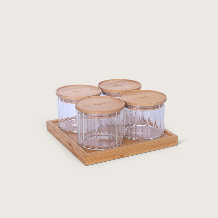 Ribbed Jar Bamboo's lid with Tray Set of 4