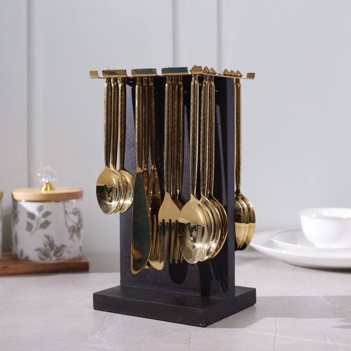 Golden Cutlery Set of 24 with Wooden Hanging Stand