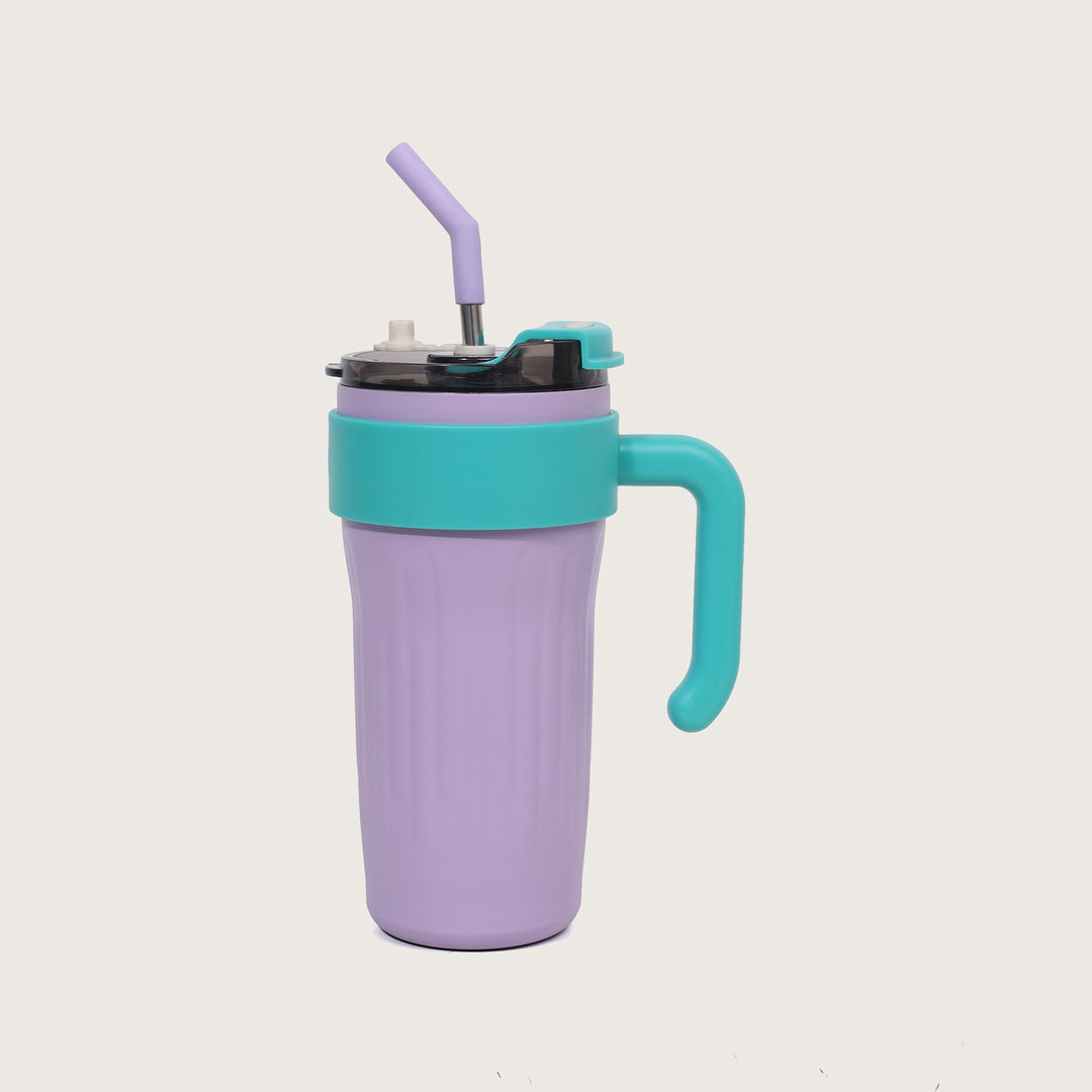 Insulated Travel Mug with Steel Straw Lid & Handle - Purple