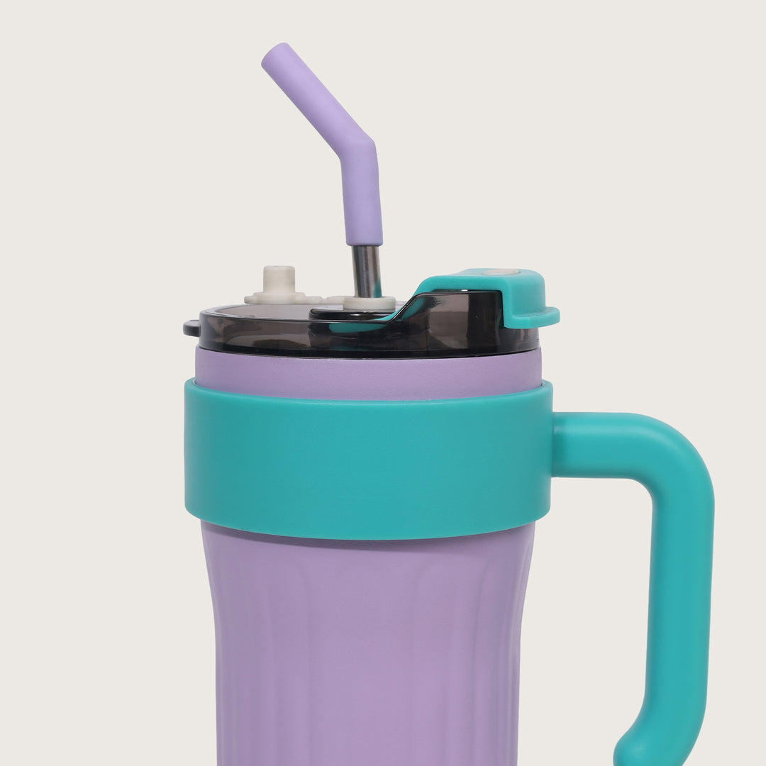 Insulated Travel Mug with Steel Straw Lid & Handle - Purple