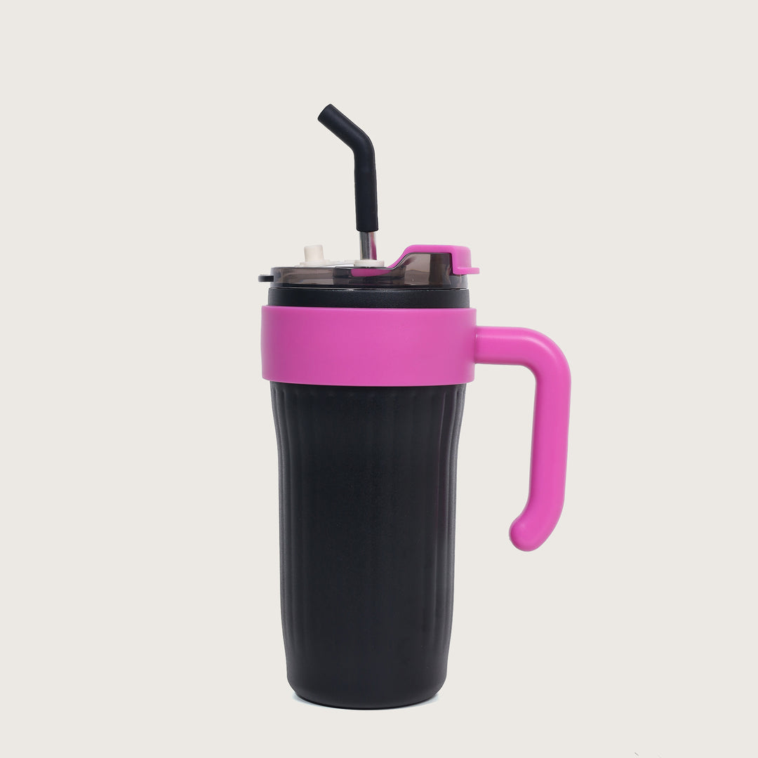 Insulated Travel Bottle with Steel Straw Lid & Handle - Black