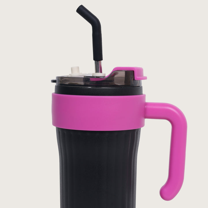 Insulated Travel Bottle with Steel Straw Lid & Handle - Black