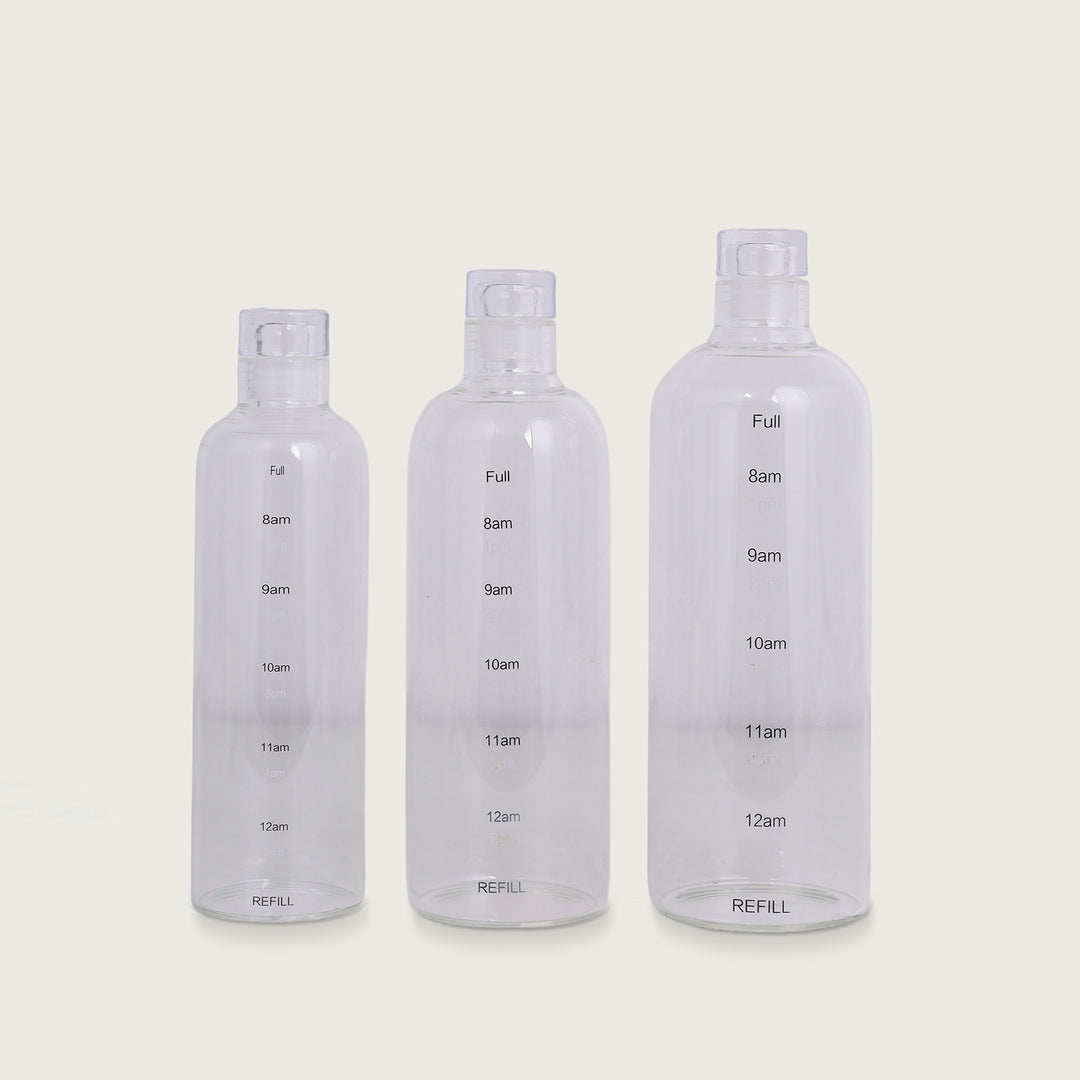 Water Glass Bottles with time markerings, 750ML, Set of 4 - Clear