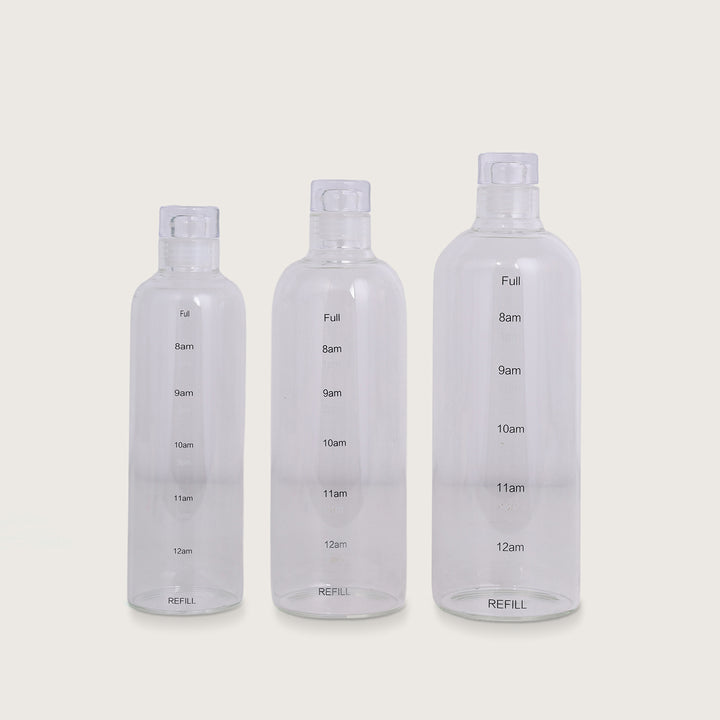 Water Glass Bottles with time markerings, 750ML, Set of 4 - Clear