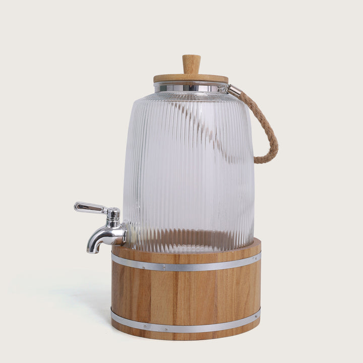 Glass Beverage Dispenser 3L with Wooden Stand & Tap, Ribbed Design