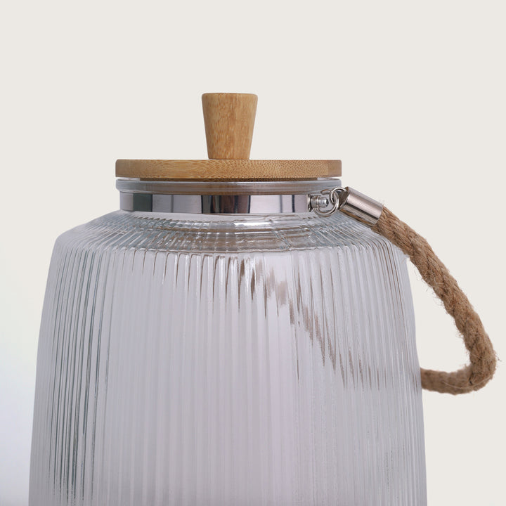 Glass Beverage Dispenser 3L with Wooden Stand & Tap, Ribbed Design