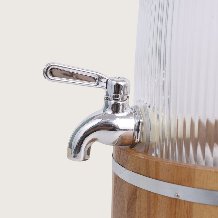 Glass Beverage Dispenser 3L with Wooden Stand & Tap, Ribbed Design