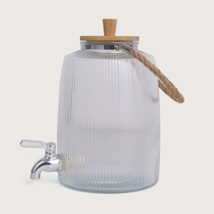 Glass Beverage Dispenser 3L with Wooden Stand & Tap, Ribbed Design