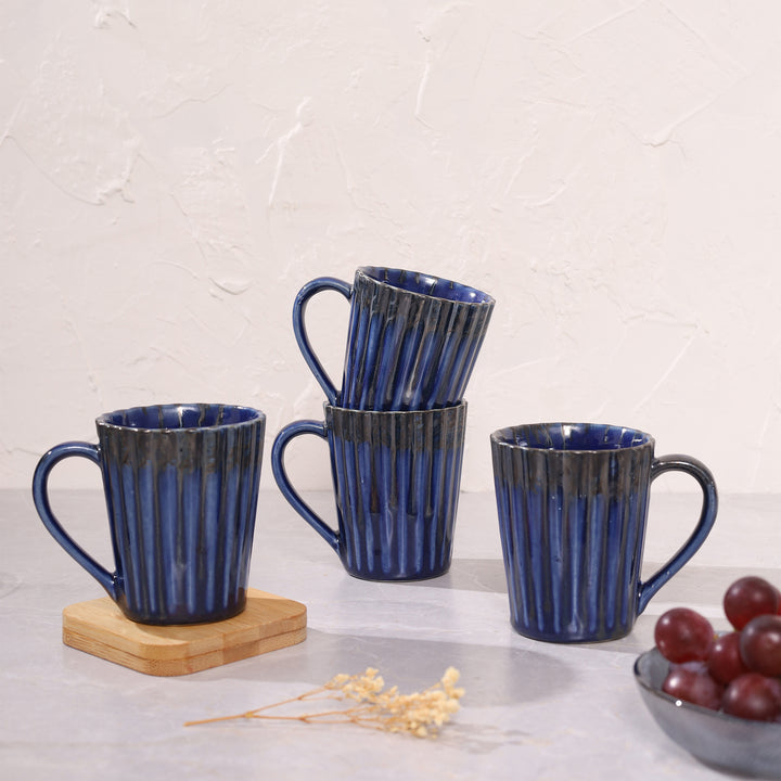 Striped Handcrafted Ceramics Coffee Mug Set of 4 - Blue