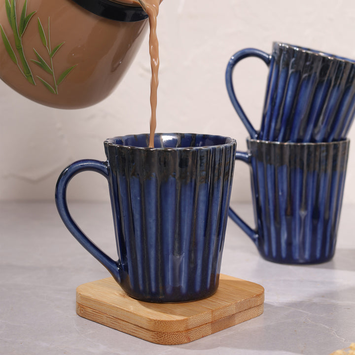 Striped Handcrafted Ceramics Coffee Mug Set of 4 - Blue