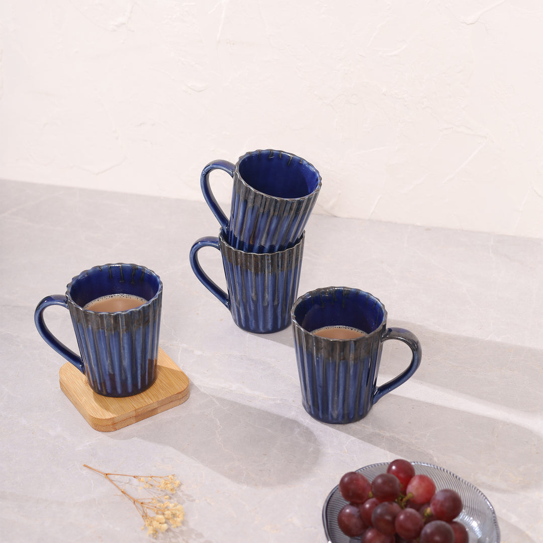 Striped Handcrafted Ceramics Coffee Mug Set of 4 - Blue