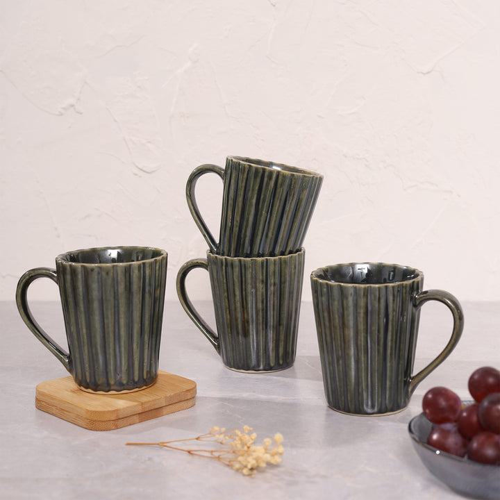 Striped Handcrafted Ceramics Coffee Mug Set of 4 - Green