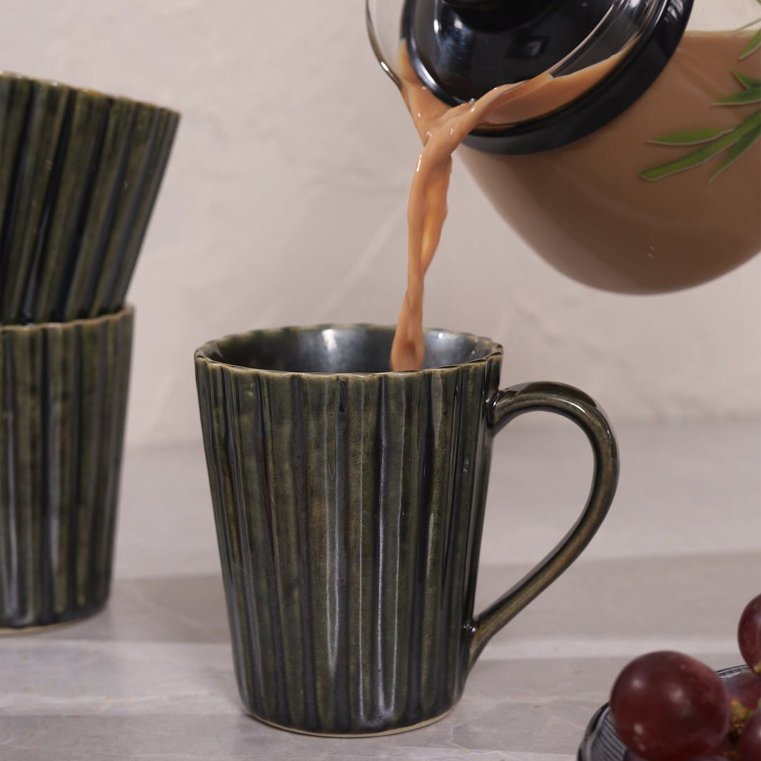 Striped Handcrafted Ceramics Coffee Mug Set of 4 - Green