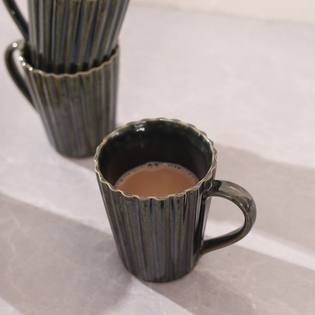 Striped Handcrafted Ceramics Coffee Mug Set of 4 - Green