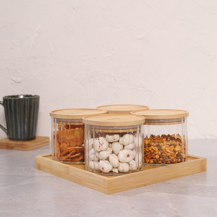 Ribbed Jar Bamboo's lid with Tray Set of 4