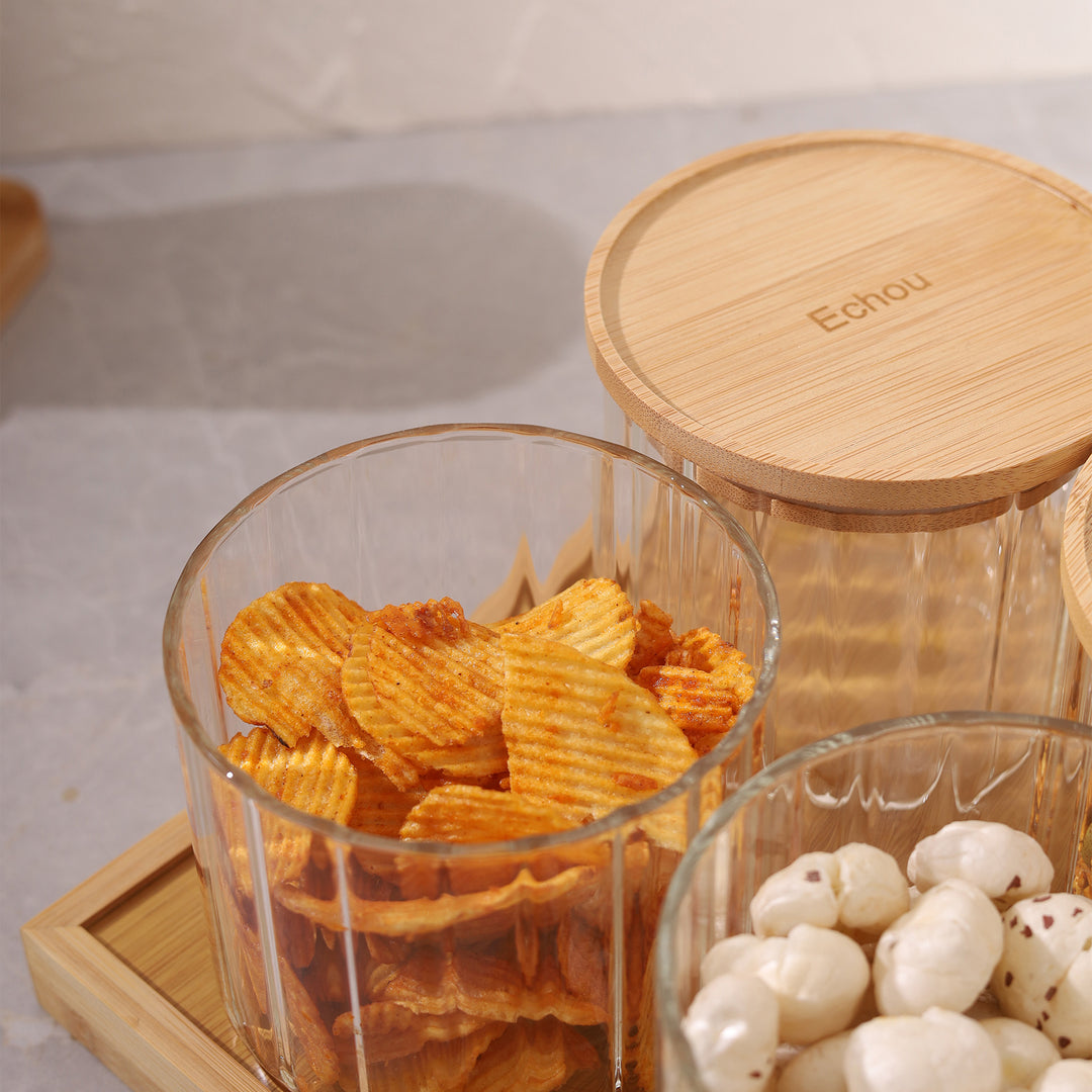 Ribbed Jar Bamboo's lid with Tray Set of 4