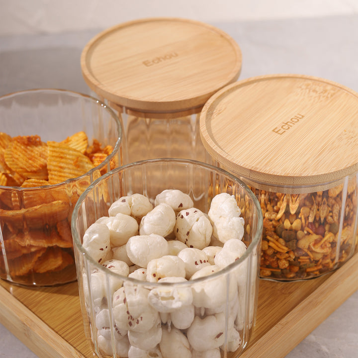 Ribbed Jar Bamboo's lid with Tray Set of 4