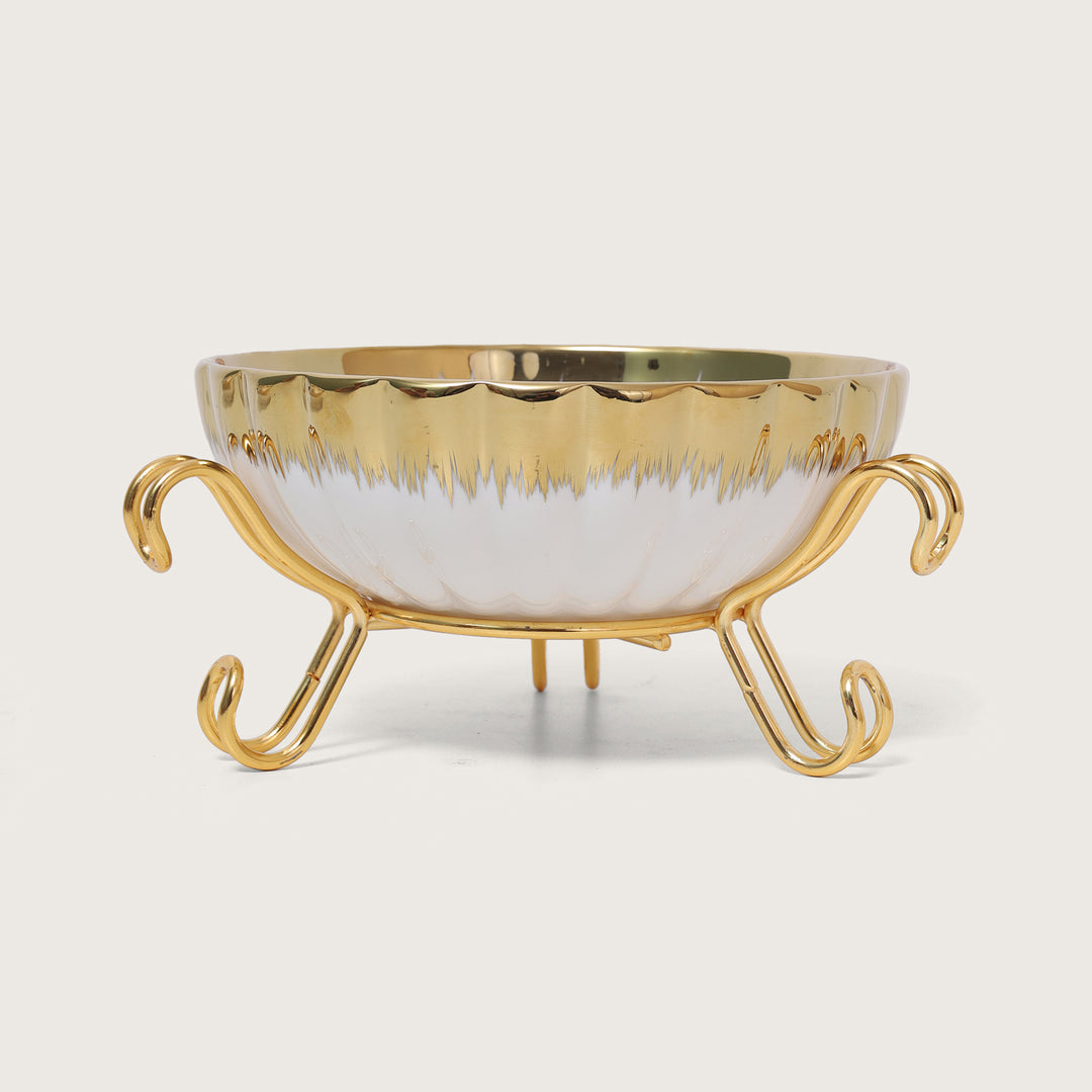 White Platter with Gold Rim & Golden Stand