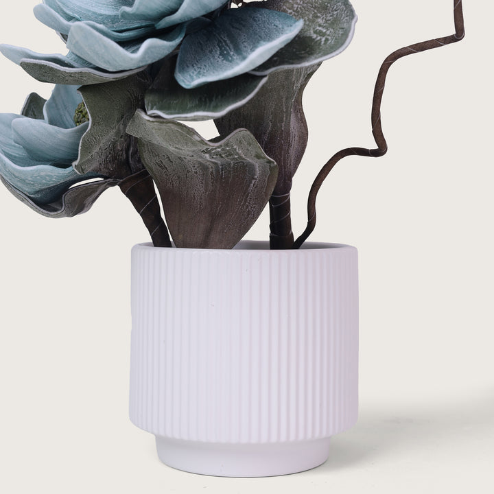 Artificial Light Grey Flower and Green Leaves Plant with White Pot