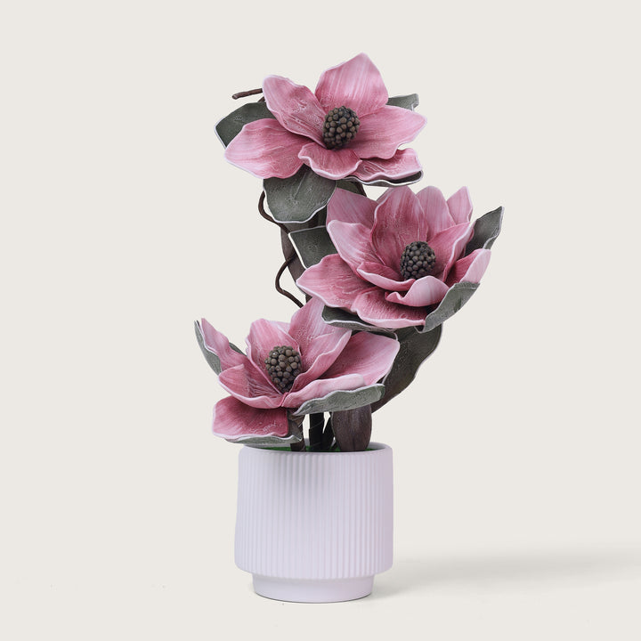 Artificial Light Pink Flower and Green Leaves Plant with White Pot