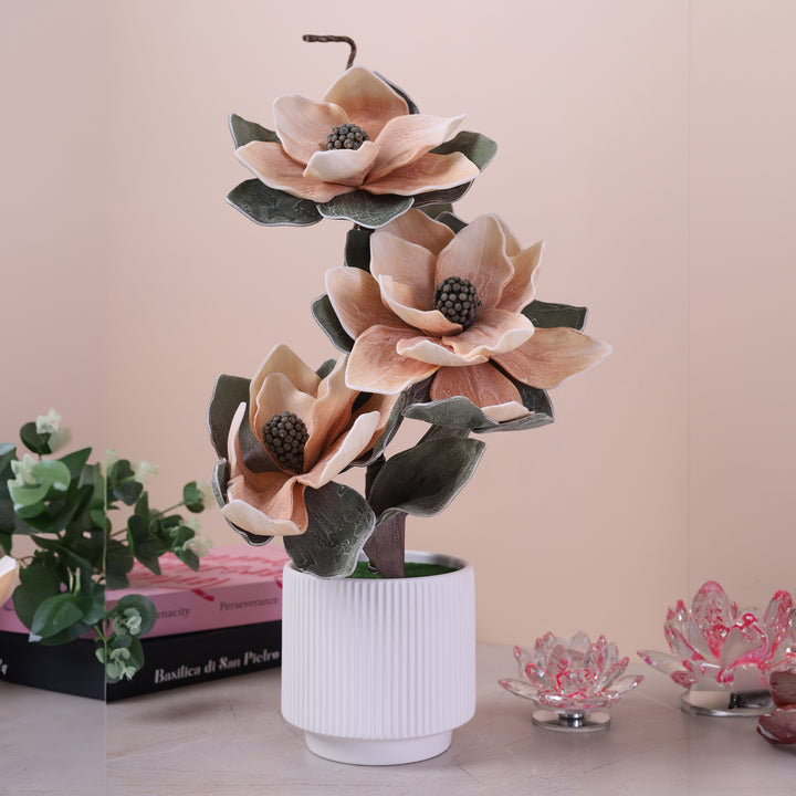 Artificial Beige Flower and Green Leaves Plant with White Pot