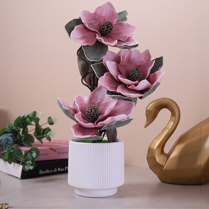 Artificial Light Pink Flower and Green Leaves Plant with White Pot