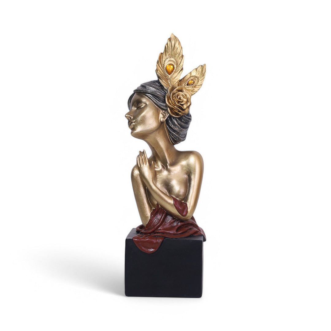 Decorative Female Figurine Statue Gold-Toned - Red