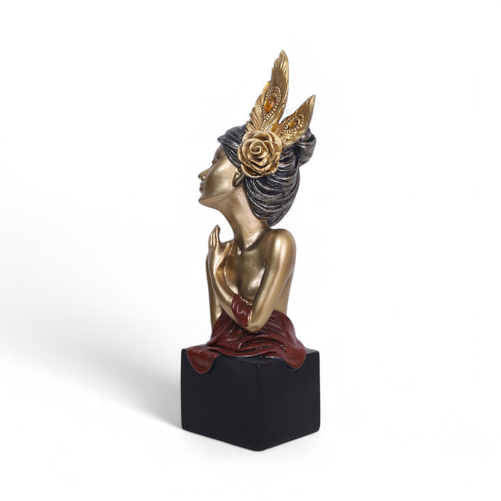 Decorative Female Figurine Statue Gold-Toned - Red