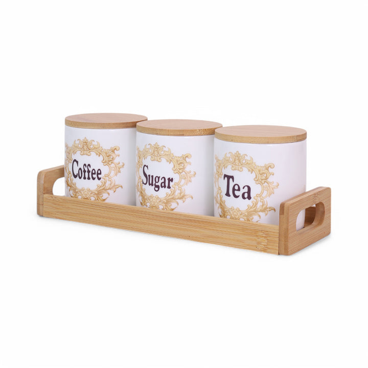 Coffee, Sugar & Tea Jar with Bamboo Lid & Tray Set of 3