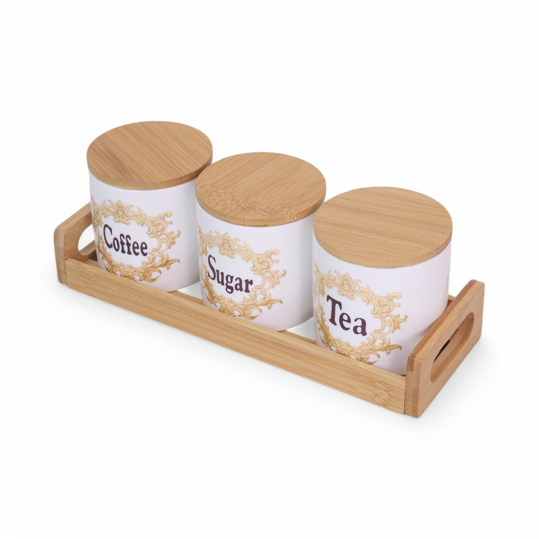 Coffee, Sugar & Tea Jar with Bamboo Lid & Tray Set of 3