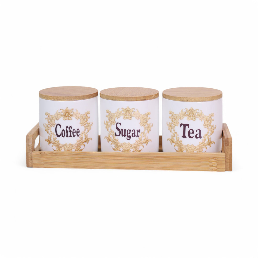 Coffee, Sugar & Tea Jar with Bamboo Lid & Tray Set of 3