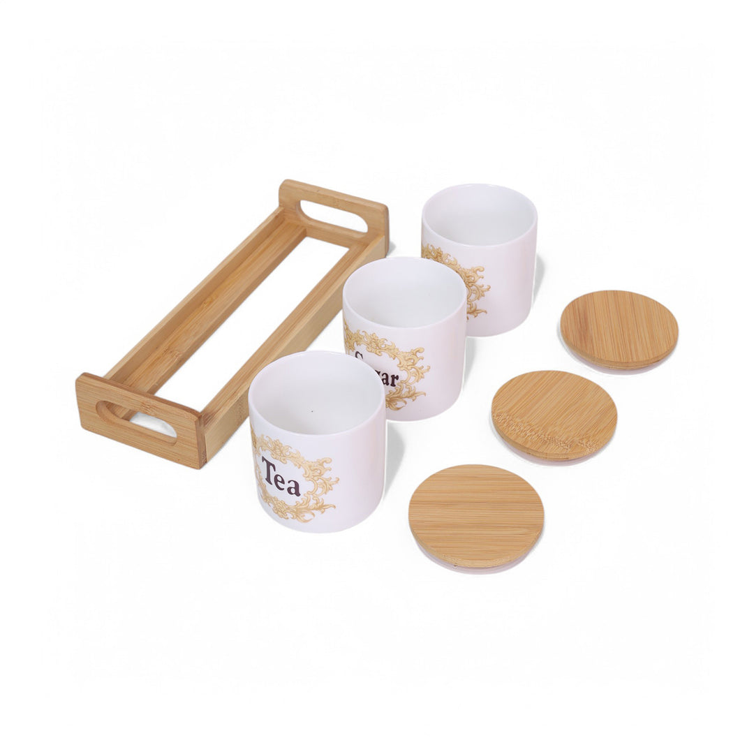 Coffee, Sugar & Tea Jar with Bamboo Lid & Tray Set of 3