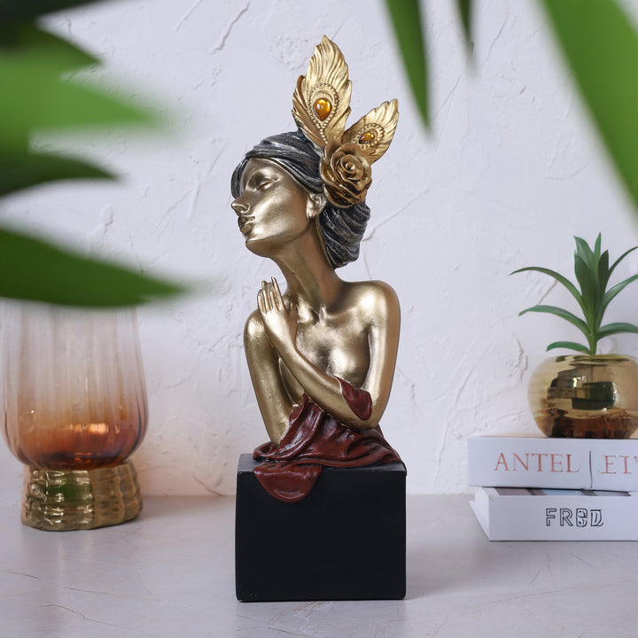 Decorative Female Figurine Statue Gold-Toned - Red