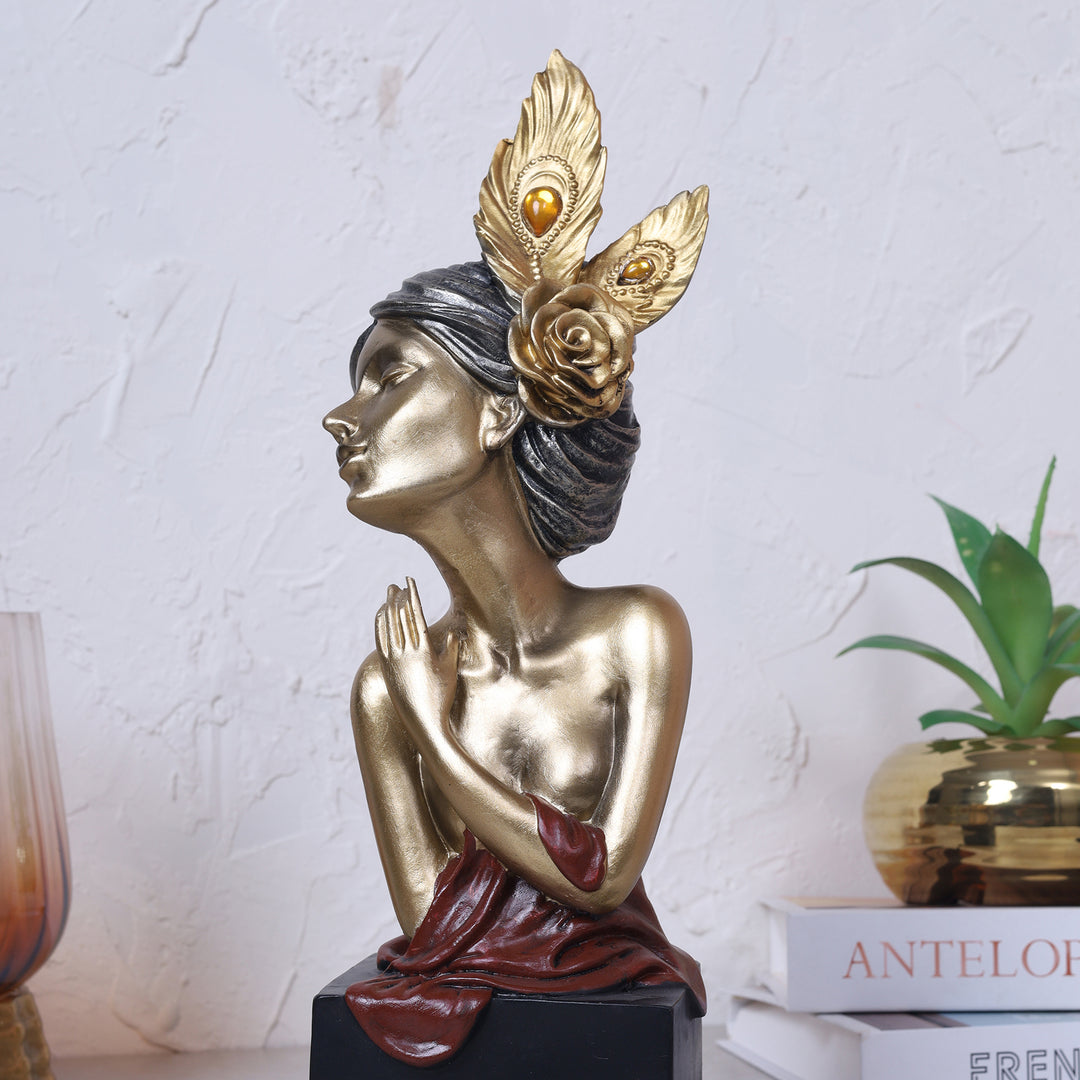 Decorative Female Figurine Statue Gold-Toned - Red