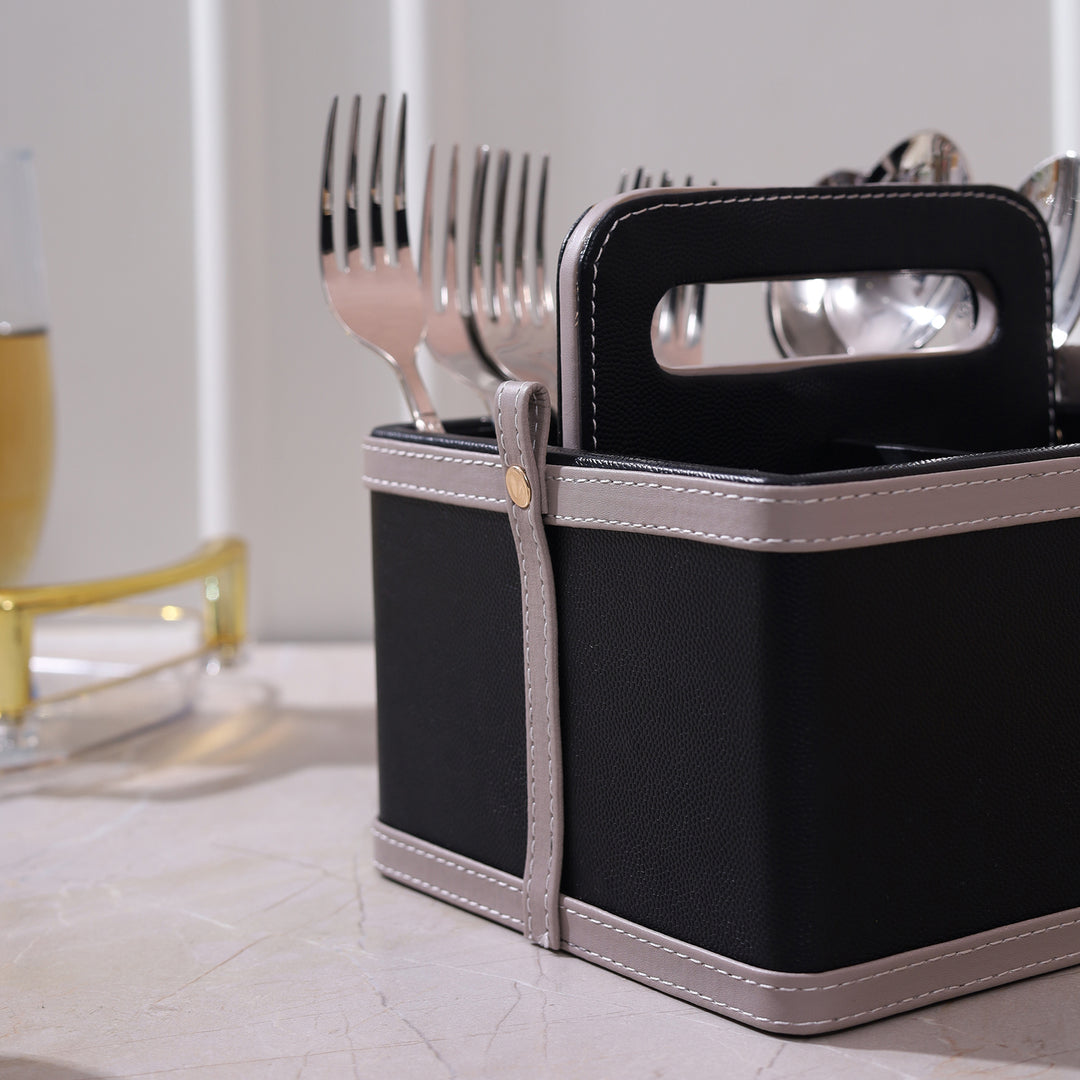 Leather Cutlery Holder 4 Divider - Black