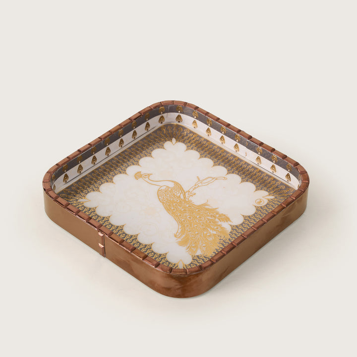 Royal Golden Peacock Square Decorative Tray