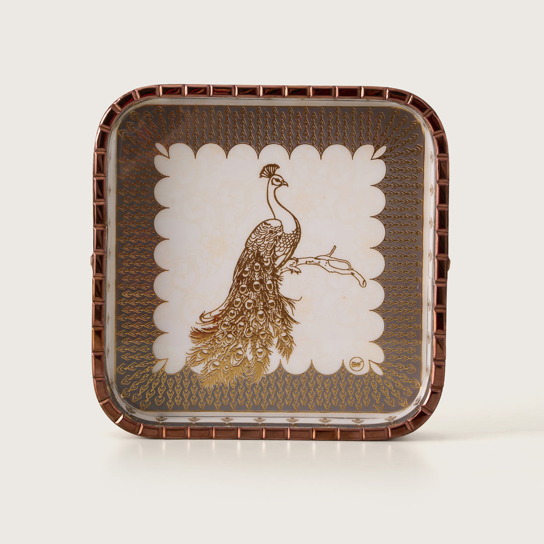 Royal Golden Peacock Square Decorative Tray