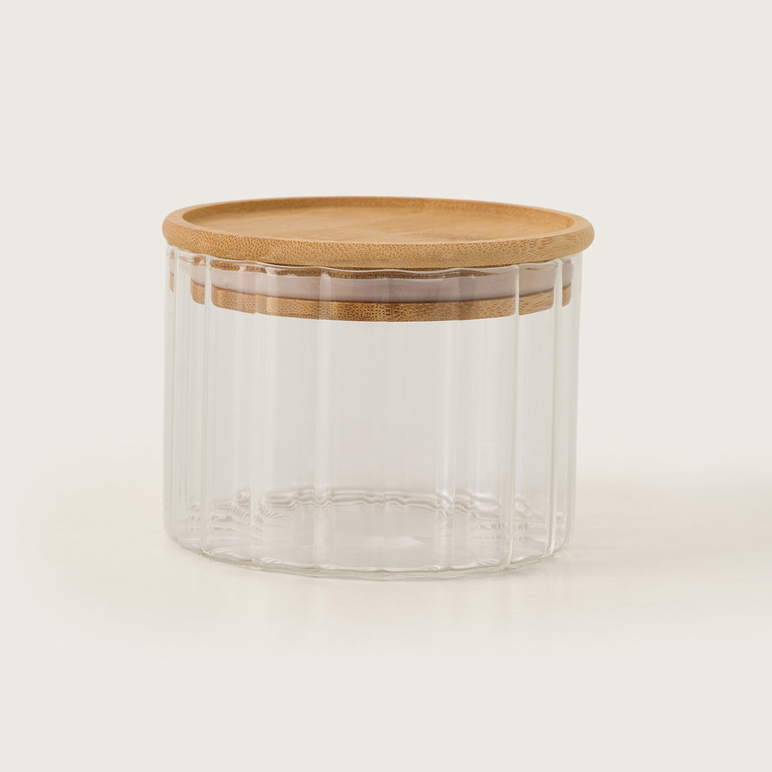 4-Piece Ribbed Glass Canister Set with Bamboo Tray