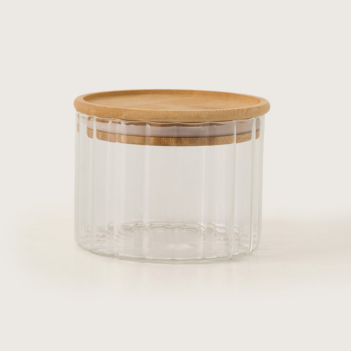 4-Piece Ribbed Glass Canister Set with Bamboo Tray