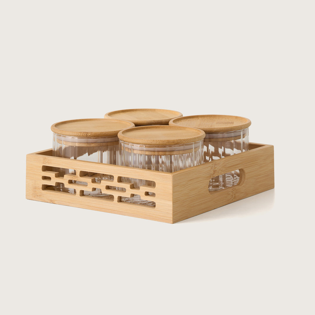 4-Piece Ribbed Glass Canister Set with Bamboo Tray